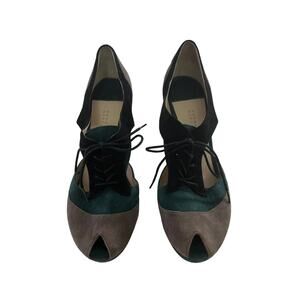 BARNEYS New York Co Green/Gray /Black Suede Peep Toe Heels SZ 7.5